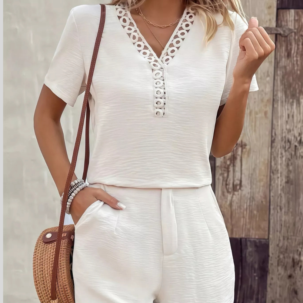 Lace Trim V-Neck Top and Shorts Two-Piece Set