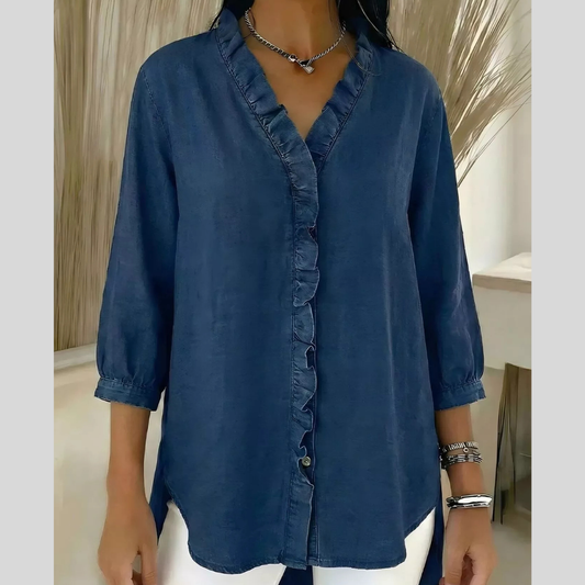 Full Size V-Neck Ruffled Button Down Shirt Plus Size