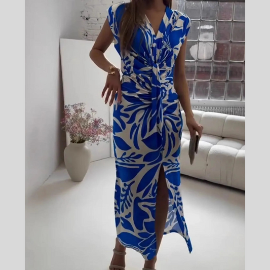 Full Size Slit Printed V-Neck Midi Dress Plus Size