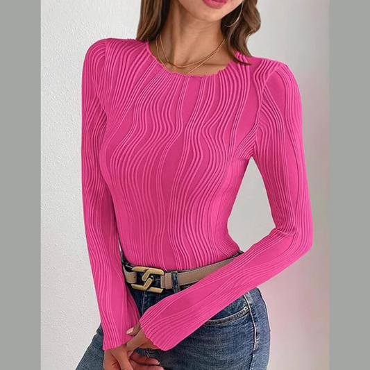 Textured Round Neck Long Sleeve Top