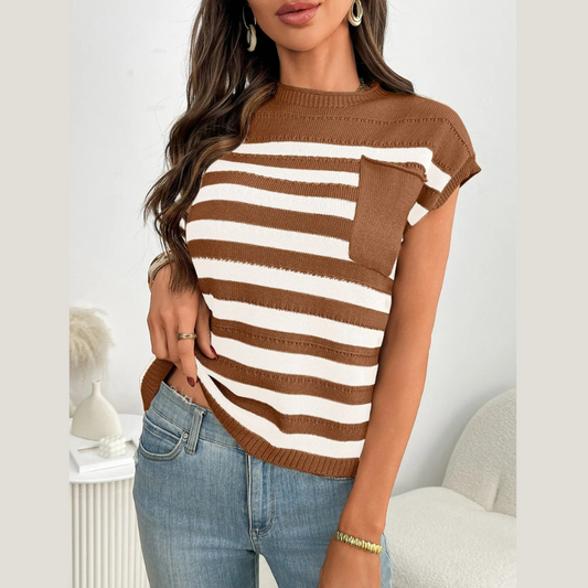 Striped Mock Neck Cap Sleeve Knit Top