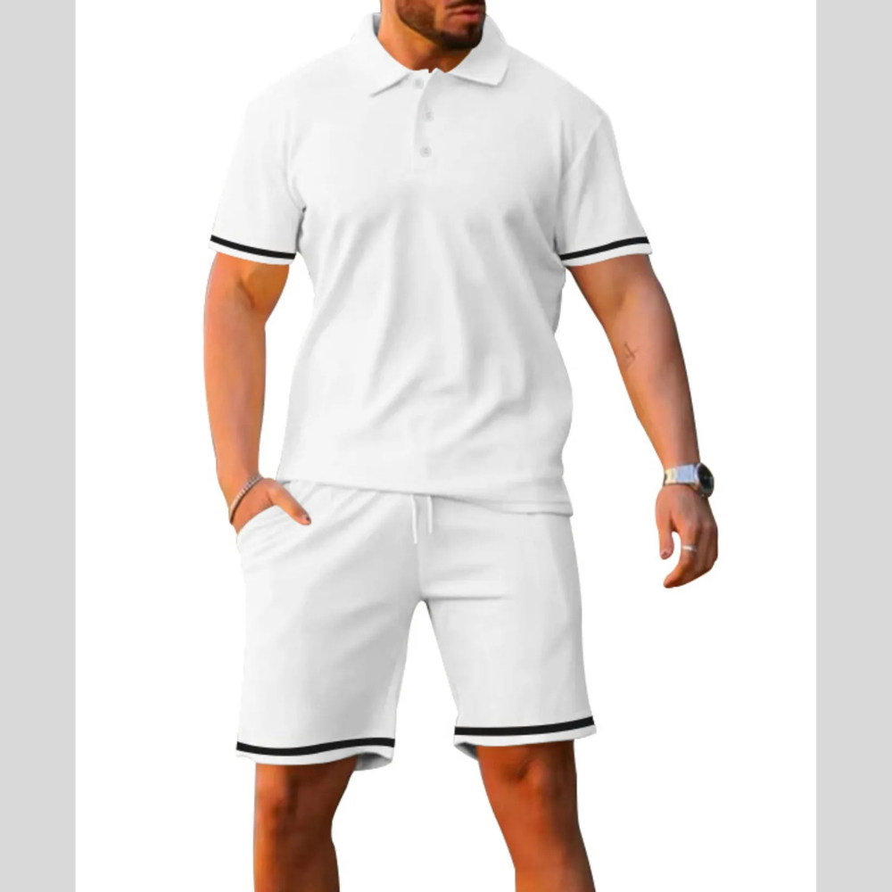 Men's Full Size Contrast Trim Polo and Shorts Set Plus Size