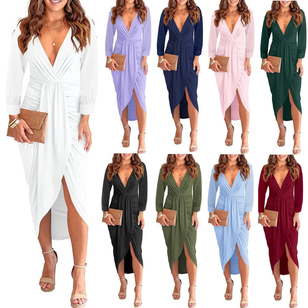 V-neck Ruffle Hip Split Women's Clothing Dress