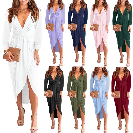 V-neck Ruffle Hip Split Women's Clothing Dress