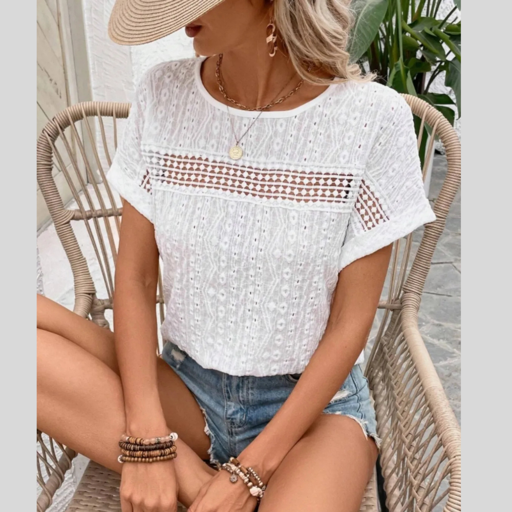 Eyelet Embroidered Round Neck Short Sleeve Top