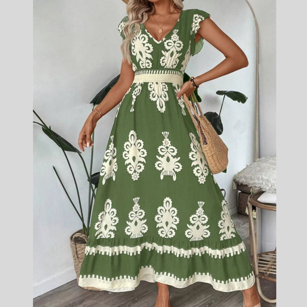 Printed V-Neck Ruffled Cap Sleeve Dress