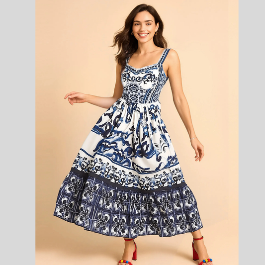 Full Size Printed Sweetheart Neck Maxi Cami Dress Plus Size