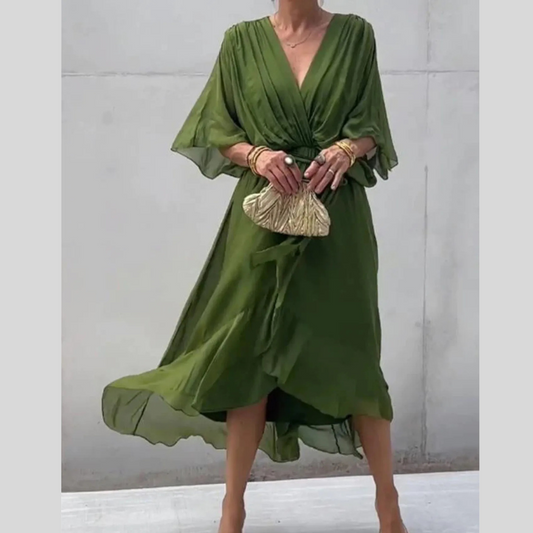 Full Size Flowy Tie Front Midi Dress with Flutter Sleeves Plus Size