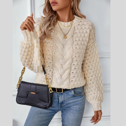 Classic Cable-Knit Long Sleeve Sweater with Round Neck