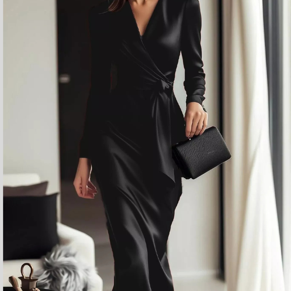 Satin Long Sleeve Wrap Dress