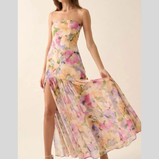 Strapless Floral Maxi Dress with Side Slit