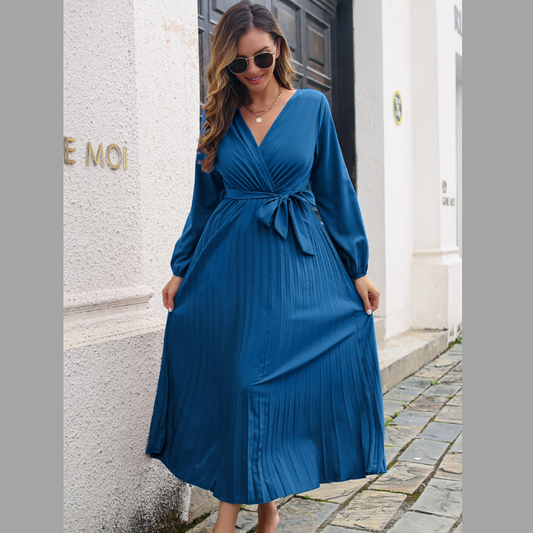 Pleated Long Sleeve Surplice Maxi Dress