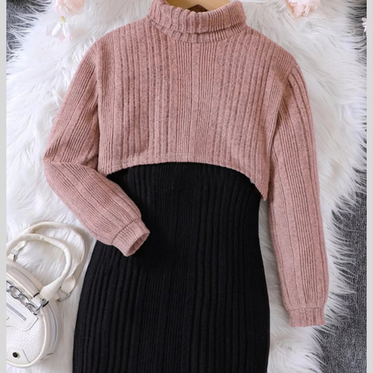 Children's Ribbed Knit Two-Tone Dress Set