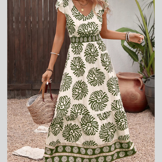 Women's Printed V-Neck Cap Sleeve Long Dress