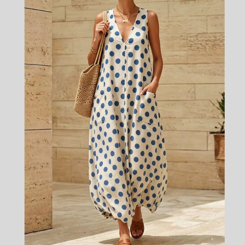Polka Dot V-Neck Sleeveless Maxi Dress