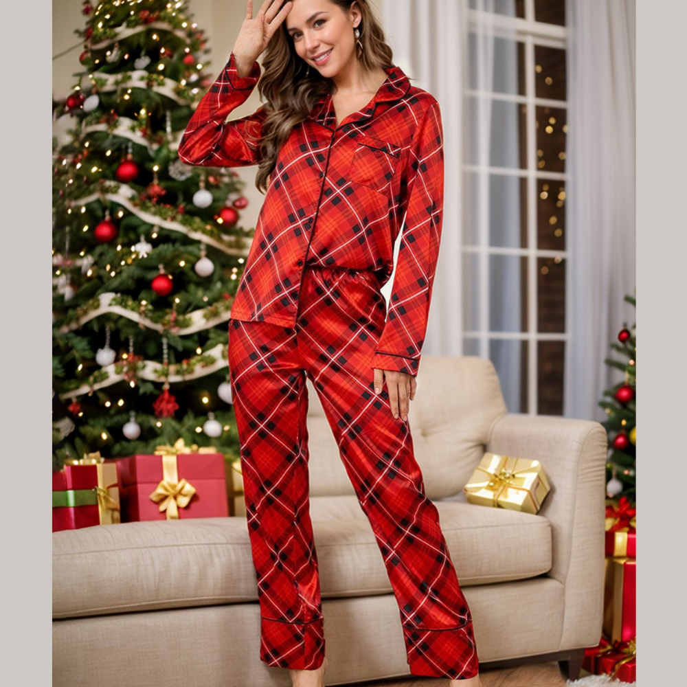 Plaid Button Up Long Sleeve Top and Pants Lounge Set