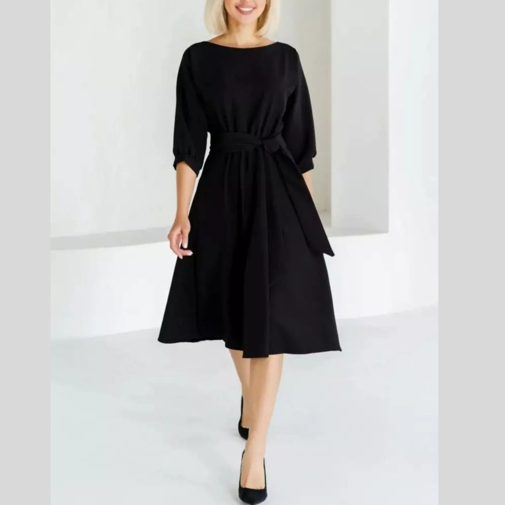 Elegant Belted Waist Midi Dress