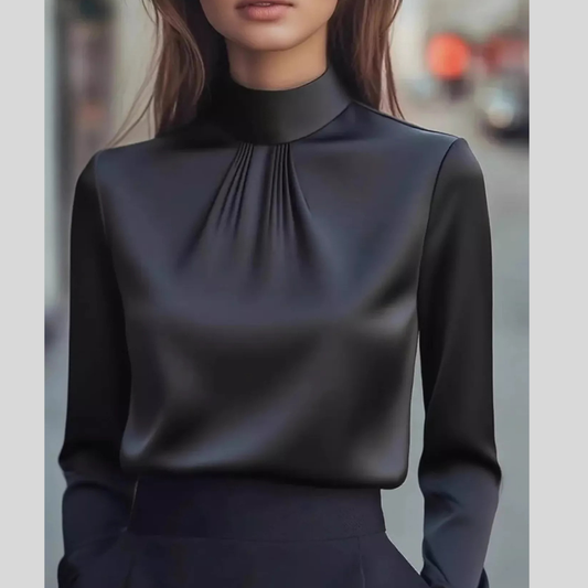 Mock Neck Long Sleeve Blouse with Pleated Detail