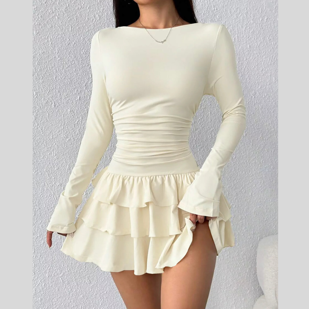 Ruched Long Sleeve Layered Ruffle Mini Dress