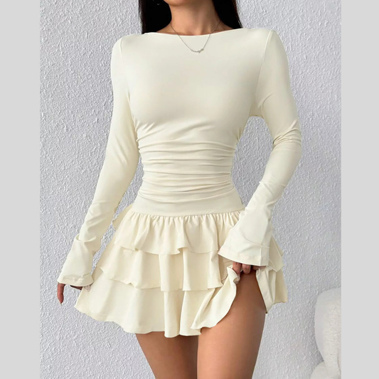 Ruched Long Sleeve Layered Ruffle Mini Dress
