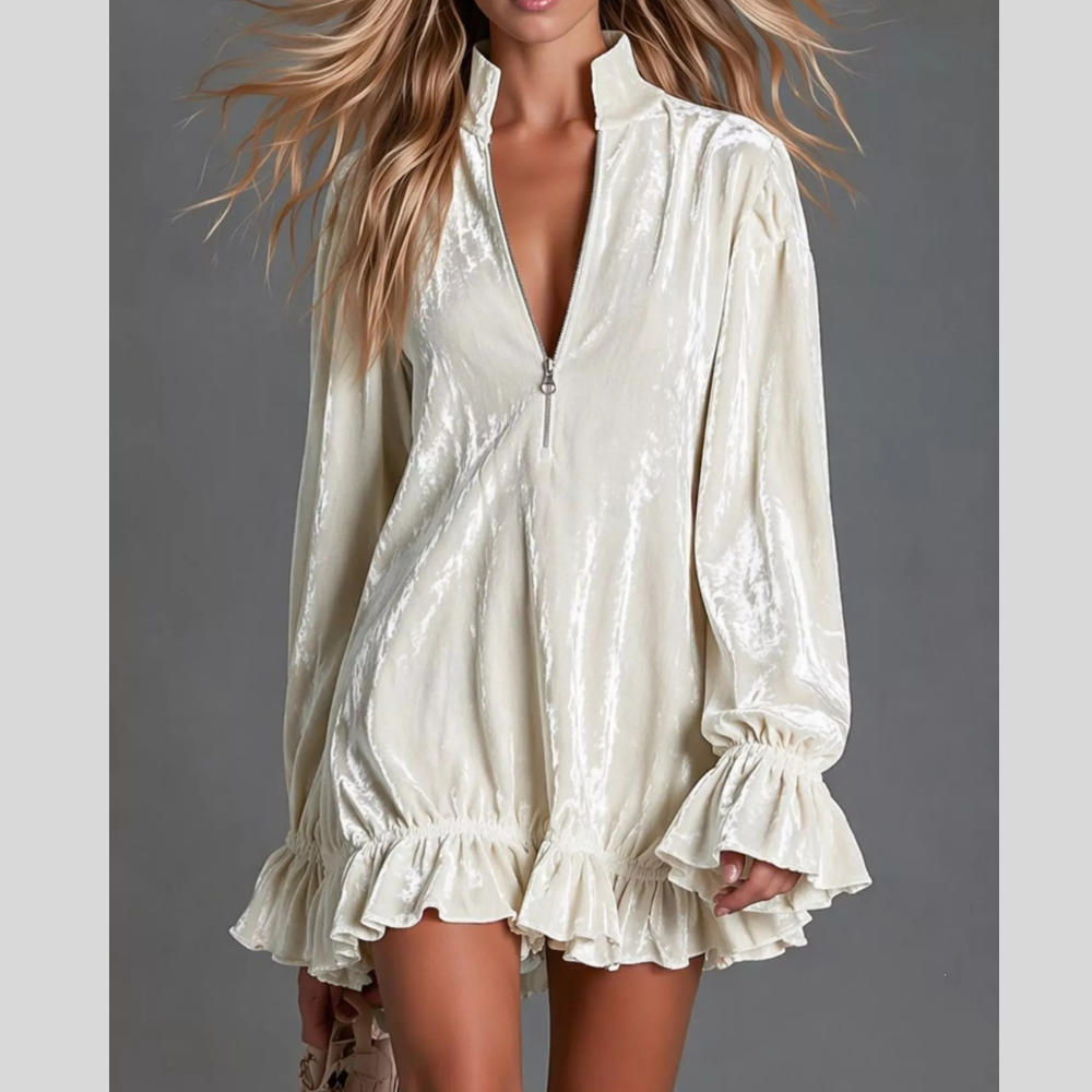 Full Size Zip-Front Ruffle Hem Mini Dress Plus Size