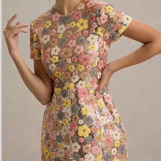 Floral Sequin Short Sleeve Mini Dress
