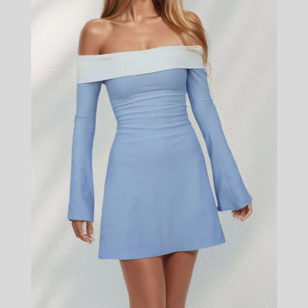Off-Shoulder Flare Sleeve Mini Dress