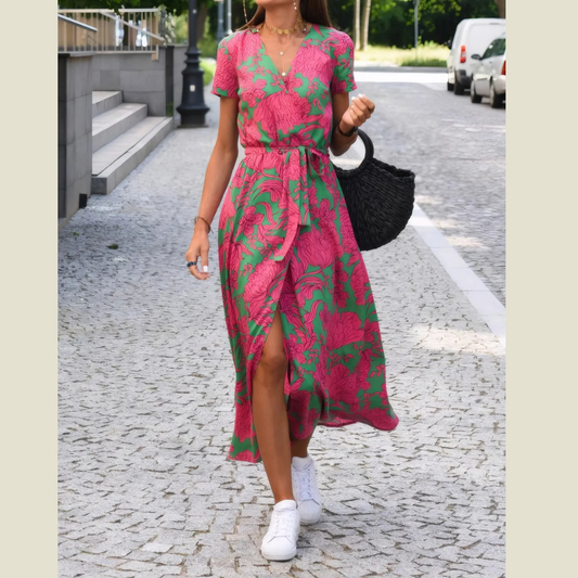 Printed Surplice Short Sleeve Dress