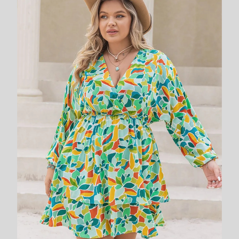 Plus Size Printed Surplice Long Sleeve Mini Dress