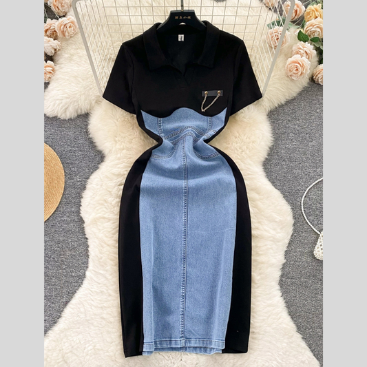 Full Size Color Block Denim Patchwork Bodycon Mini Dress Plus Size