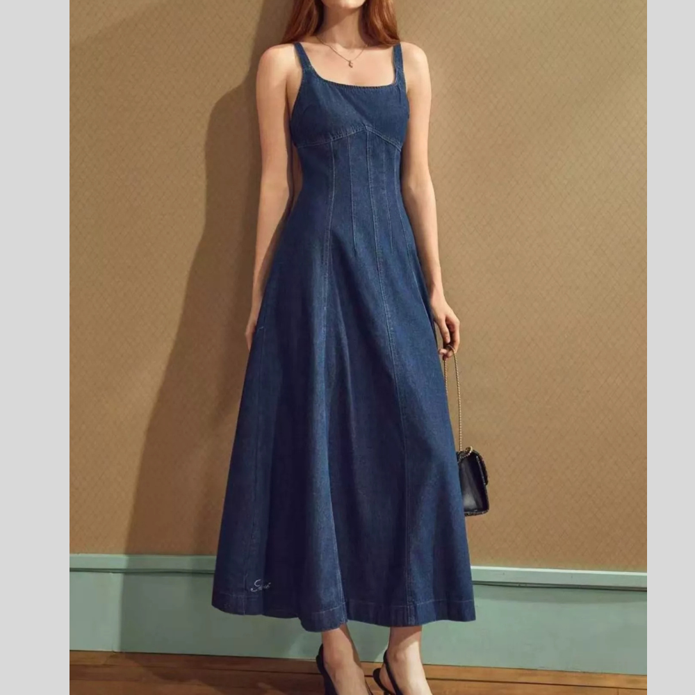 Square Neck A-Line Denim Dress