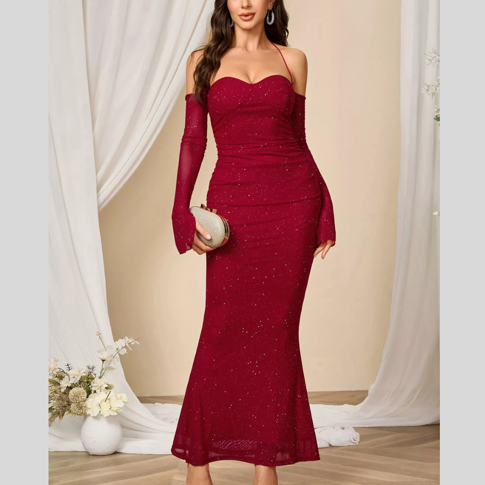 Glitter Sweetheart Neck Long Sleeve Maxi Dress