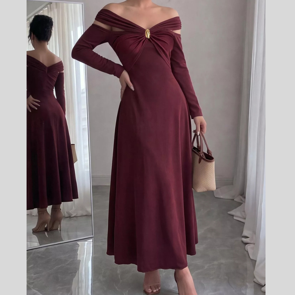 Off-Shoulder Long-Sleeve Maxi Dress