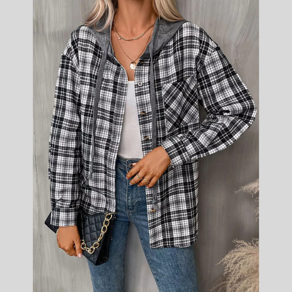 Hooded Plaid Button-Up Shirt