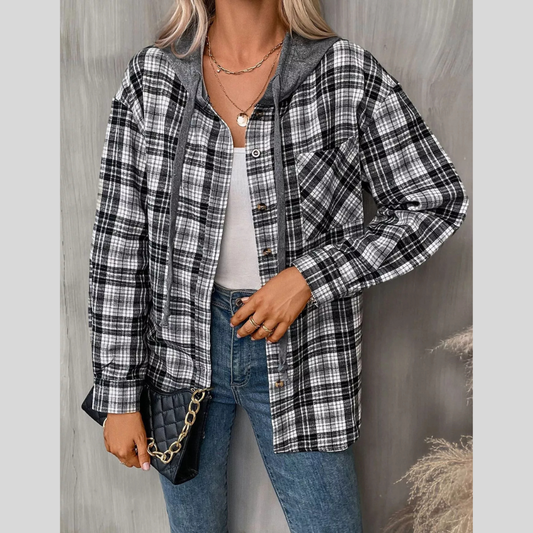 Hooded Plaid Button-Up Shirt
