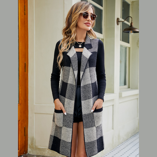 Plaid Open Front Sleeveless Cardigan with Pockets