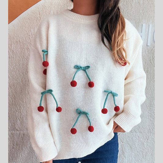 Cherry Round Neck Long Sleeve Sweater
