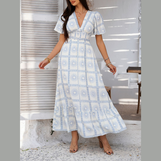 Devine Smocked Printed V-Neck Short Sleeve Maxi Dress