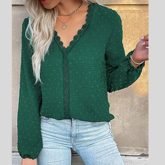 Lace Detail V-Neck Long Sleeve Blouse