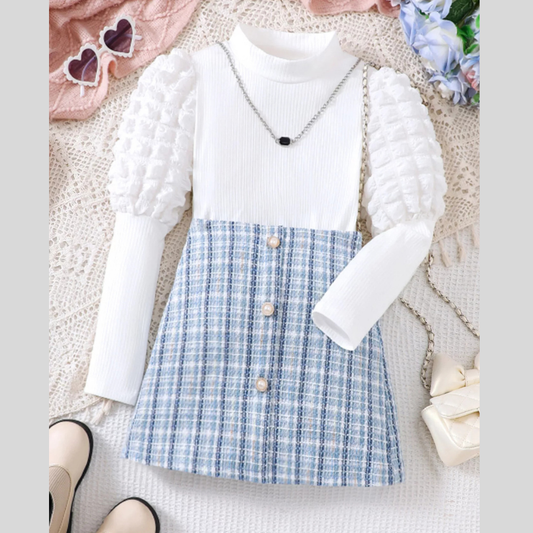 Children's Puff Sleeves Top and Plaid Skirt Set