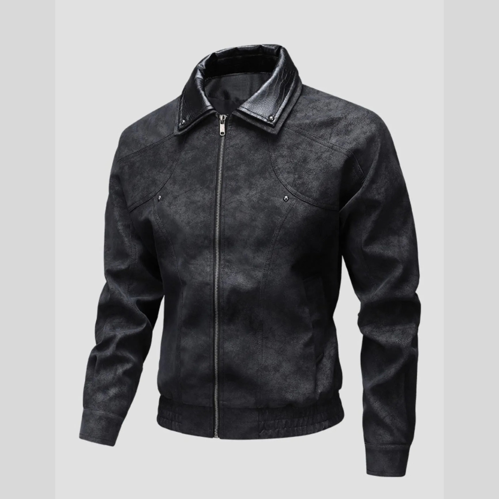 Men's Plus Size Leather Bomber Jacket with Full Zip Front