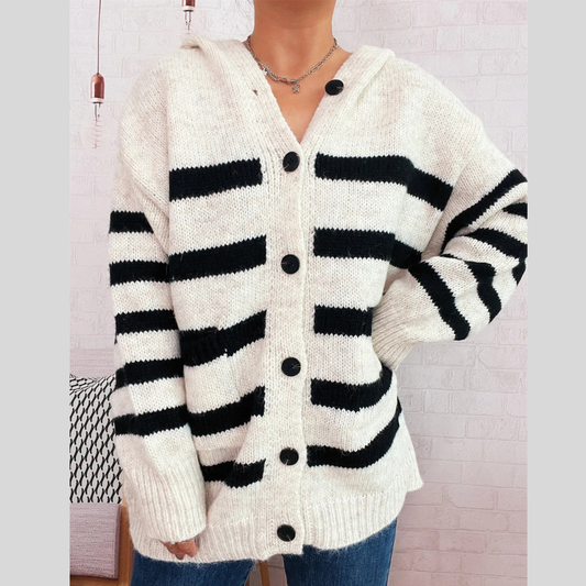 Striped Button-Up Hooded Cardigan