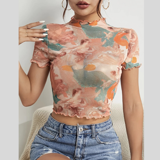 Abstract Print Ruffled Mock Neck Crop T-Shirt