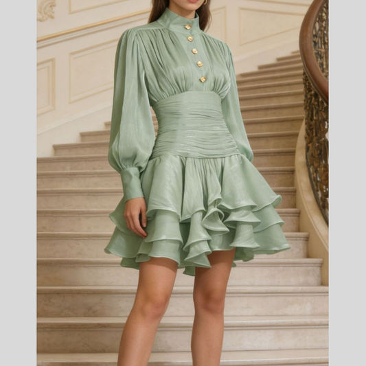 Ruffled Layered Lantern Sleeve Mini Dress