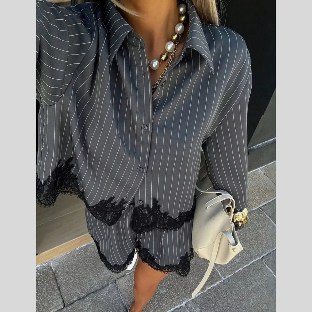 Lace Trim Striped Button-Down Shirt and Shorts Set
