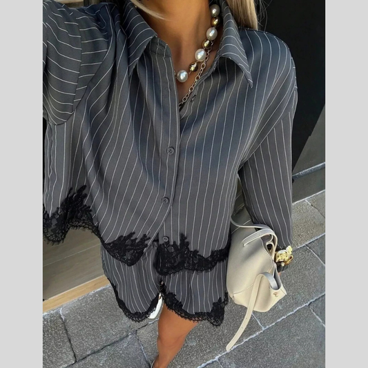 Lace Trim Striped Button-Down Shirt and Shorts Set