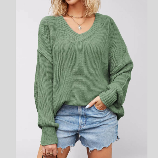 V-Neck Loose Knit Drop Shoulder Sweater