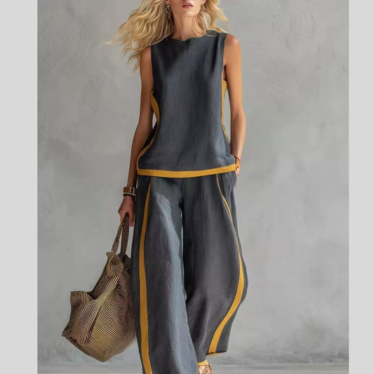 Full Size Contrast Stripe Sleeveless Top & Wide-Leg Pants Set Plus Size