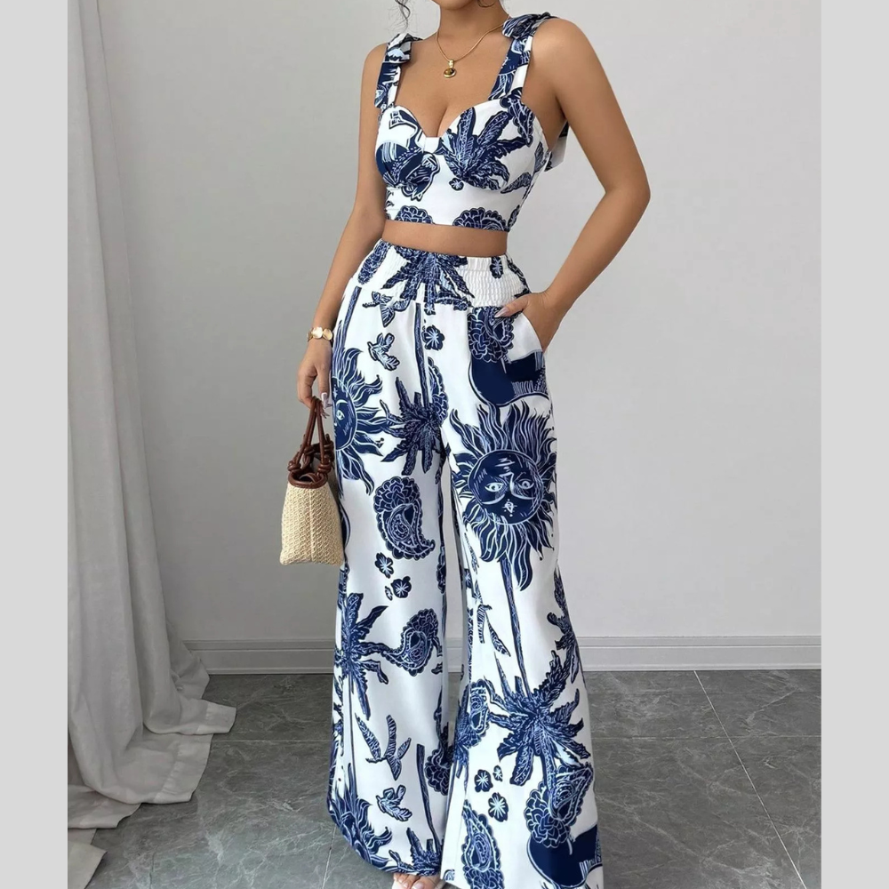 Floral Print Crop Top and Wide Leg Pants Set