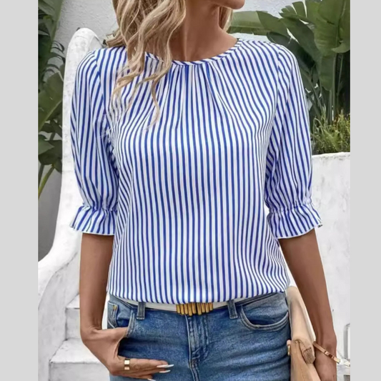 Striped Round Neck Half Sleeve Casual Blouse